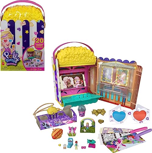 Polly Pocket Un-Box-It Playset, Popcorn Shaped Box Opens to a Movie Theater Adventure, 20 Accessories Including 2 Micro Dolls & 3 Tiny Takeaways