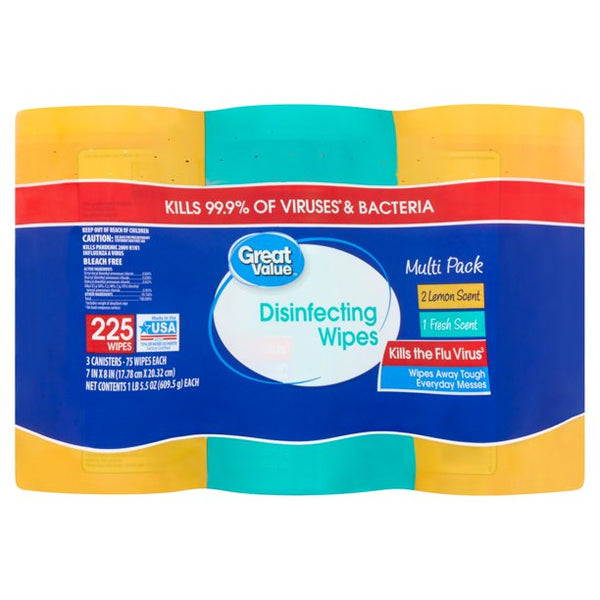 Great Value Disinfecting Wipes - 3 Pack Bundle - 225 Wipes